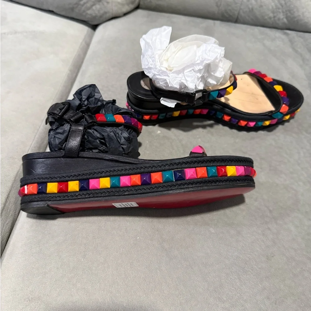 Christian Louboutin Black Ankle-Strap Sandals with Multicolor Studs - Picture 2 of 5